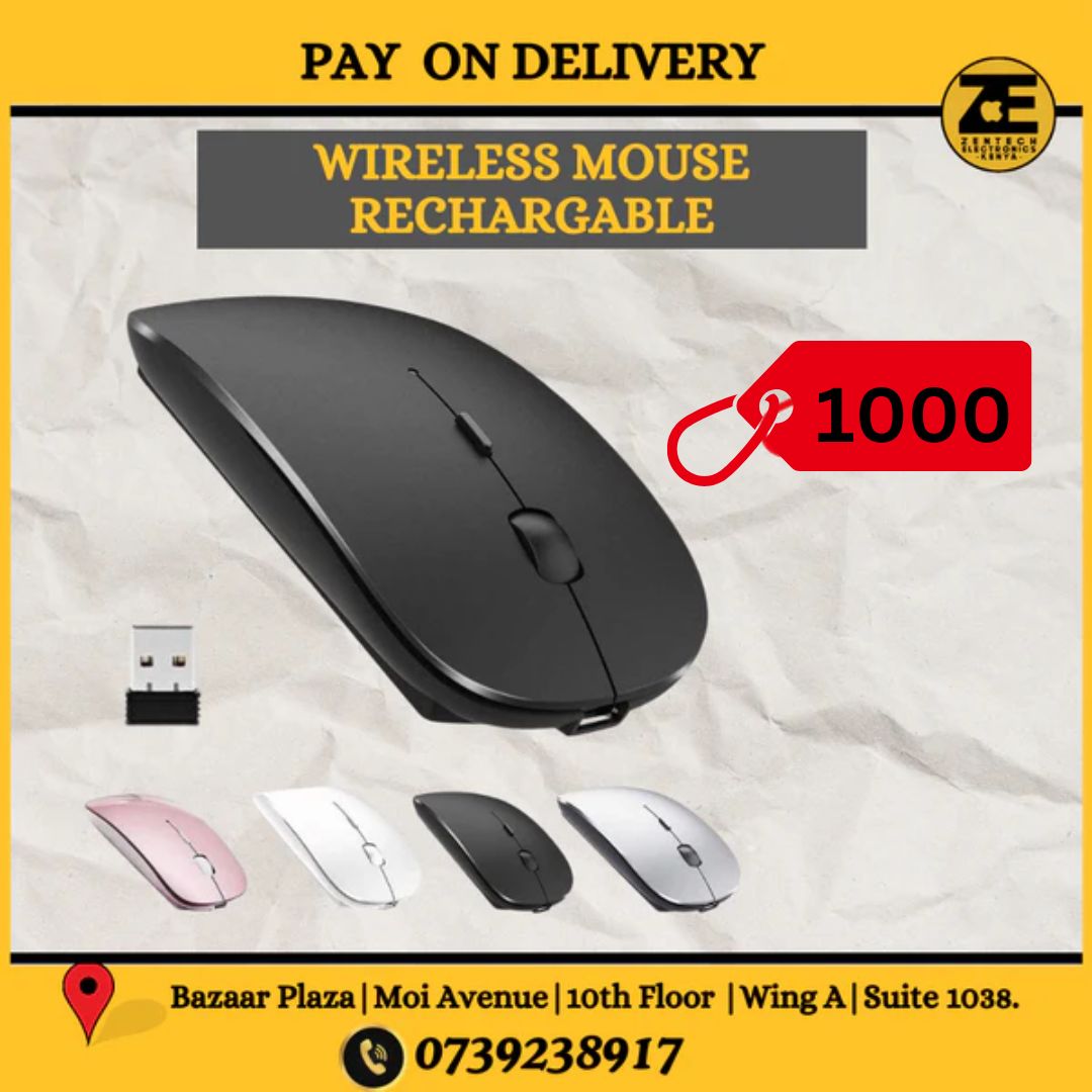 The image shows a wireless rechargeable mouse in black color with a USB charging cable. Additional mice in different colors are depicted in the background.